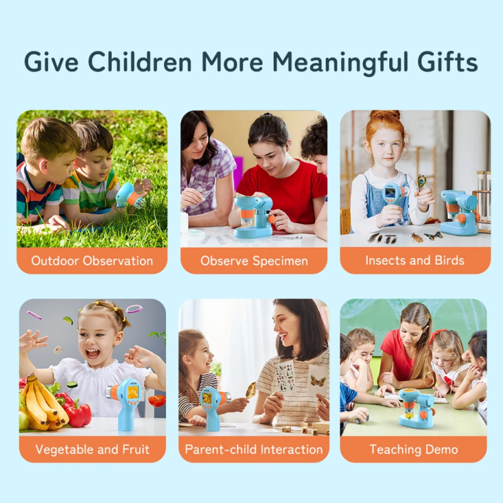 Hordozható mikroszkóp gyerekeknek, Apexel MS201, digitális, maximális zoom 800x, microSD 32Gb, kék