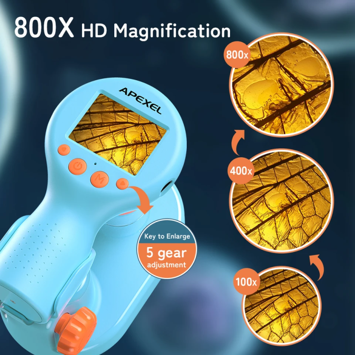 Hordozható mikroszkóp gyerekeknek, Apexel MS201, digitális, maximális zoom 800x, microSD 32Gb, kék