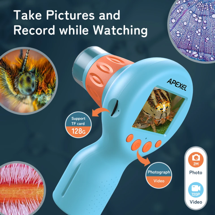 Hordozható mikroszkóp gyerekeknek, Apexel MS201, digitális, maximális zoom 800x, microSD 32Gb, kék