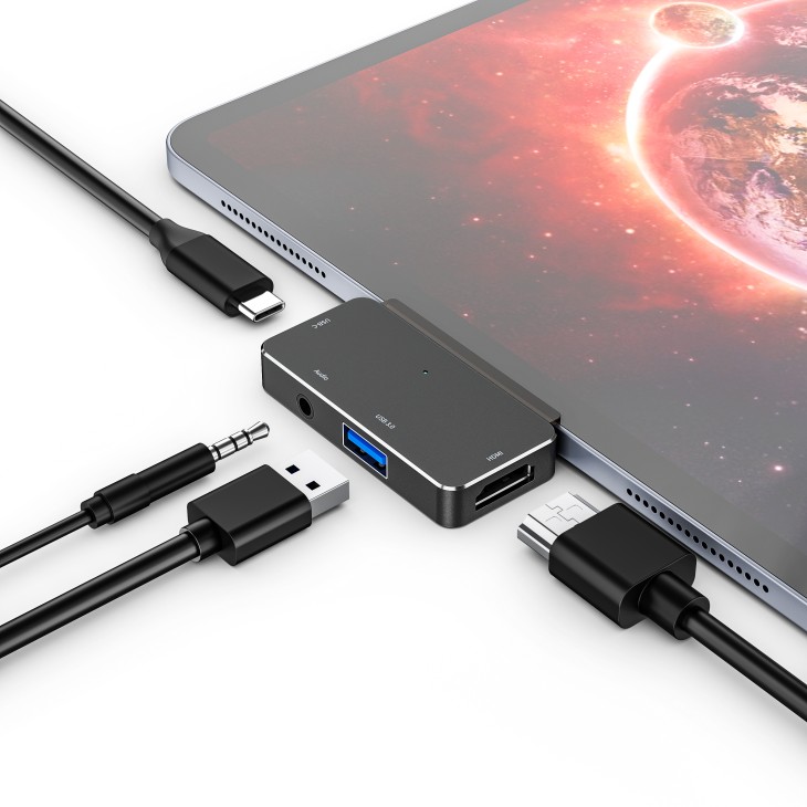 IKATAK 4 az 1-ben adapter, USB-C – HDMI 4k 30HZ, 1 x USB3.0, audio, 1 x USB-C, kompatibilis az Apple iPad Pro készülékkel