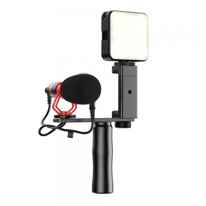 Vlogging készlet, Apexel, amely mikrofonból, telefontartó rendszerből, LED lámpából áll