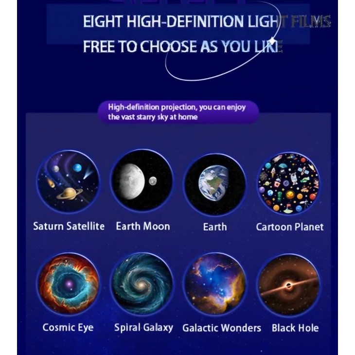 Star projektor jjessaki lámpa, Galaxy Star, gıekerzzoba, 8 vetítőlemez a Naprendszerrel, Földdel, Holddal és galaxisokkal, Fehér