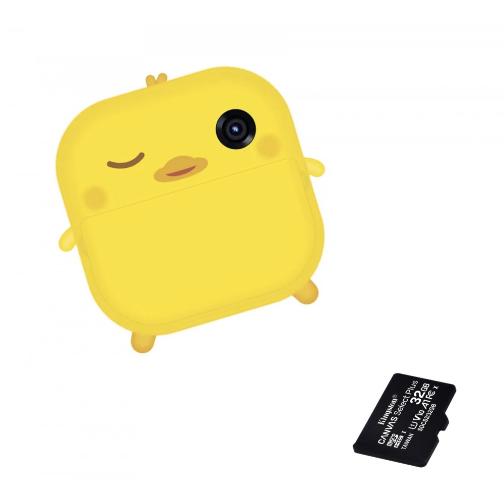 Csomag: 32 Gb-os memóriakártya + fénykép-videó kamera gyerekeknek, THD Pixels M2, hőnyomtató, elülső objektív 18 megapixeles, szelfi lencse, élénk sárga