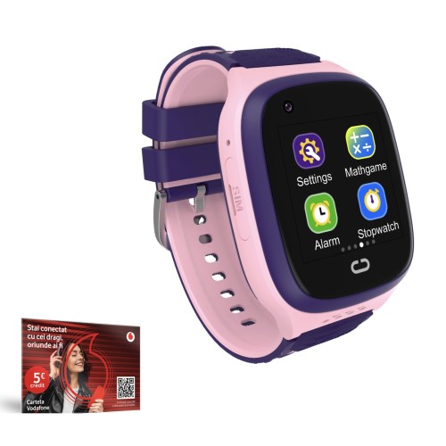 Csomag: Gyermek okosóra, Valdus LT31E + 5 EUR Vodafone PrePay kártya, telefon funkció, 4G, videohívás, GPS, SOS gomb, rózsaszín