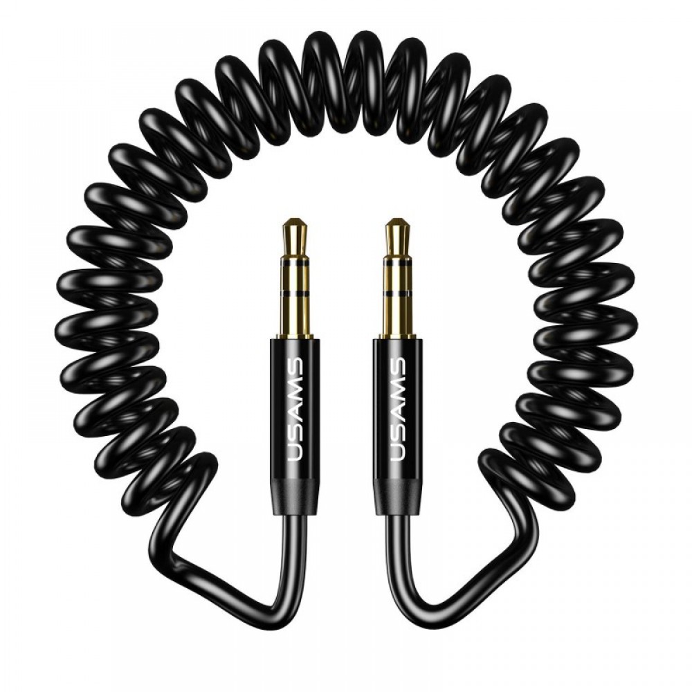 USAMS segédkábel, jack to jack, spirál modell, hossza 1,2 méter, fekete