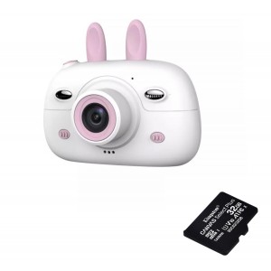 Csomag: 32Gb memóriakártya + digitális fényképezőgép gyerekeknek, THD Rabbit Y6, fotó felbontás 20 megapixel, videó 1080p, fehér