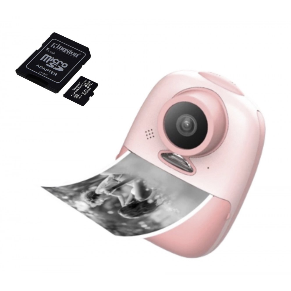 Csomag: 32 Gb-os memóriakártya + digitális fénykép-video kamera gyerekeknek, THD Pixels D10M, hőnyomtató, 24 megapixeles felbontás, szelfi kamera, rózsaszín