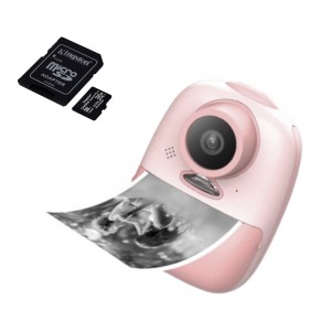 Csomag: 32 Gb-os memóriakártya + digitális fénykép-video kamera gyerekeknek, THD Pixels D10M, hőnyomtató, 24 megapixeles felbontás, szelfi kamera, rózsaszín