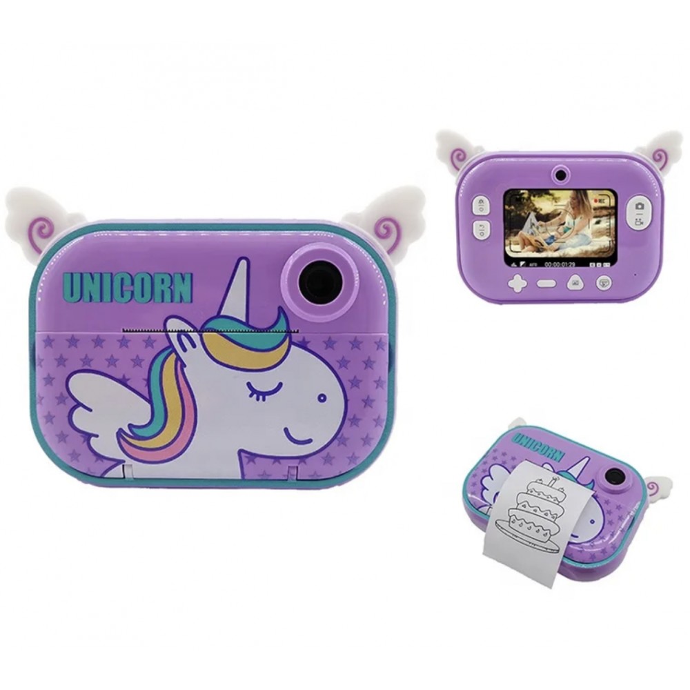 Digitális fotó-videokamera gyerekeknek, THD Pixels C3Pro, Wifi, hőnyomtató, 12 megapixeles felbontás, lila unikornis modell