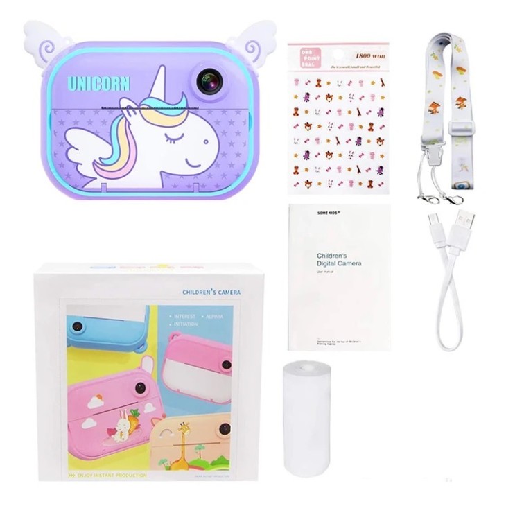Digitális fotó-videokamera gyerekeknek, THD Pixels C3Pro, Wifi, hőnyomtató, 12 megapixeles felbontás, lila unikornis modell