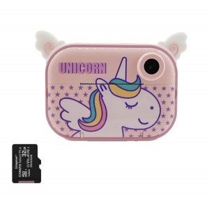 Csomag: 32 Gb-os memóriakártya + digitális fénykép-video kamera gyerekeknek, THD Pixels C3Pro, Wifi, hőnyomtató, 12 megapixeles felbontás, rózsaszín unikornis modell
