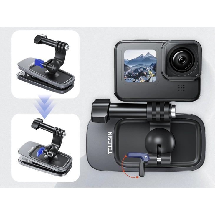 Telesin klipek a hátizsák hevedereinek rögzítéséhez, mágneses talp, kompatibilis GoPro Hero 11,10,9,8,7,6,5, DJI Osmo Action 3, Insta 360