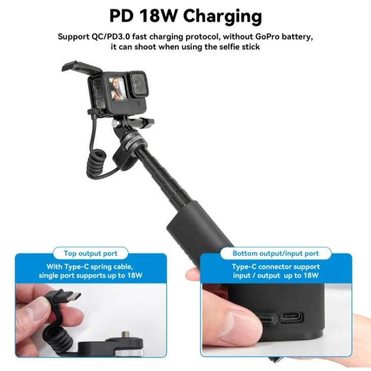 Selfie stick akkumulátorral, Telesin, kompatibilis a GoPro-val, Insta360, DJI Action, hossza 90 cm, IP52 vízálló