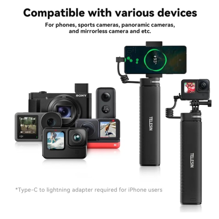 Selfie stick akkumulátorral, Telesin, kompatibilis a GoPro-val, Insta360, DJI Action, hossza 90 cm, IP52 vízálló