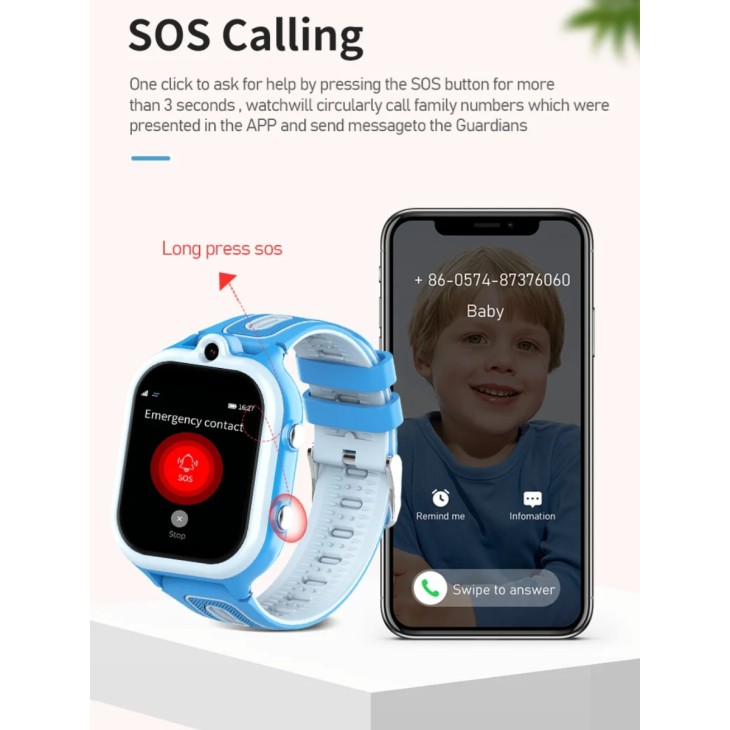 Gyerek okosóra, Valdus DF91, Nano SIM 4G, telefon funkció, videohívás, GPS+LBS, SOS gomb, 8GB memória, kék