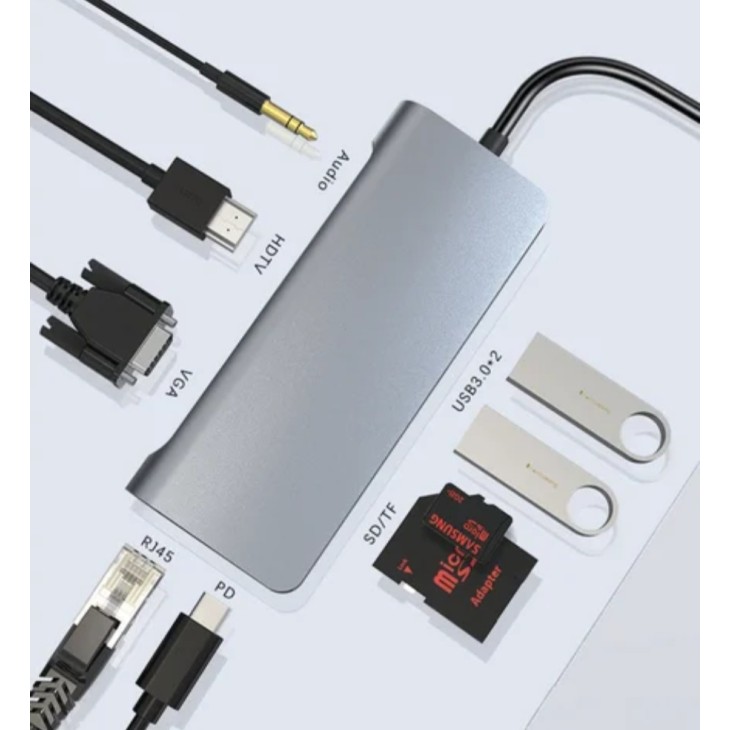 IKATAK 9 az 1-ben adapter, USB-C HDMI 4k 30HZ, 2 X USB-A, audio, TF/SD, USB-C, VGA, LAN RJ45, kompatibilis az Apple Macbook Air és Apple Macbook Pro rendszerekkel