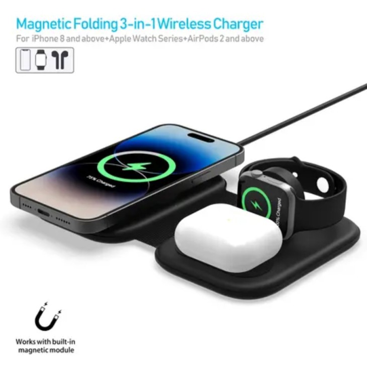 3 az 1-ben vezeték nélküli töltő, IKATAK, kompatibilis: iPhone 15,14,13,12, Apple Watch, Airpods, teljesítmény 3W/15W, összecsukható