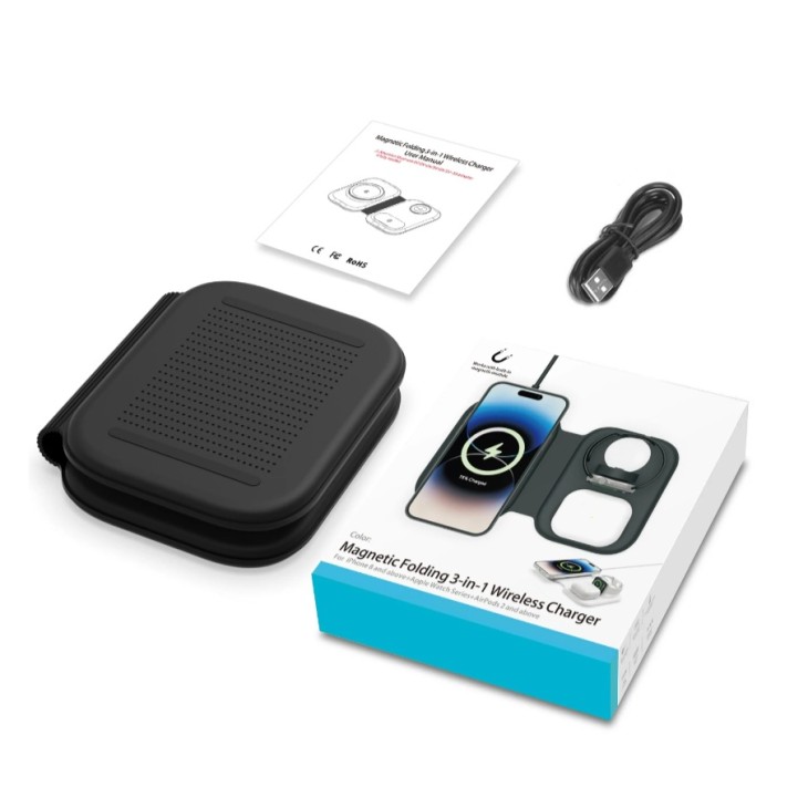 3 az 1-ben vezeték nélküli töltő, IKATAK, kompatibilis: iPhone 15,14,13,12, Apple Watch, Airpods, teljesítmény 3W/15W, összecsukható