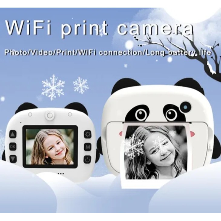 Csomag: Digitális gyerekfotó-videokamera, THD Pixels KX-03, micro SD kártya 32Gb, Wifi, hőnyomtató, 12 megapixeles felbontás, Panda modell