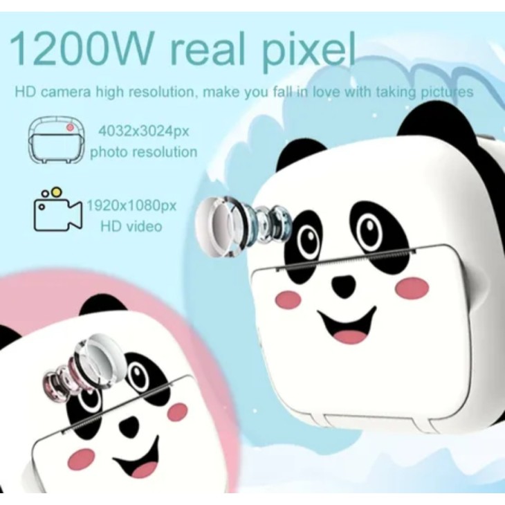 Csomag: Digitális gyerekfotó-videokamera, THD Pixels KX-03, micro SD kártya 32Gb, Wifi, hőnyomtató, 12 megapixeles felbontás, Panda modell