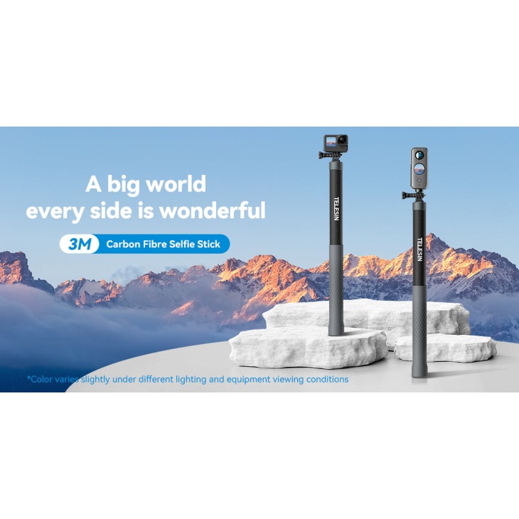 Telesin szelfibot, kompatibilis: GoPro Hero 12,11,10, Insta 360 X3, Osmo Action 4, Action 3 láthatatlan, karbon anyag, hossza 3 méter