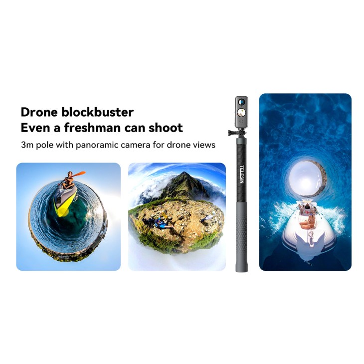 Telesin szelfibot, kompatibilis: GoPro Hero 12,11,10, Insta 360 X3, Osmo Action 4, Action 3 láthatatlan, karbon anyag, hossza 3 méter