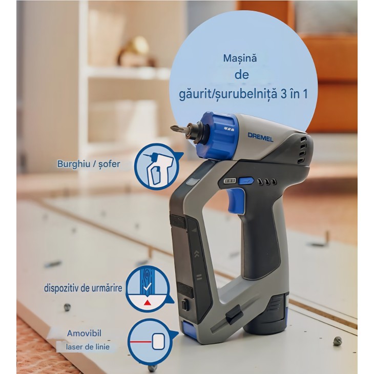 Akkus fúró és csavarhúzó, Dremel Blueprint, 12 V-os akkumulátor, vonallézer, fúró- és bitkészlet