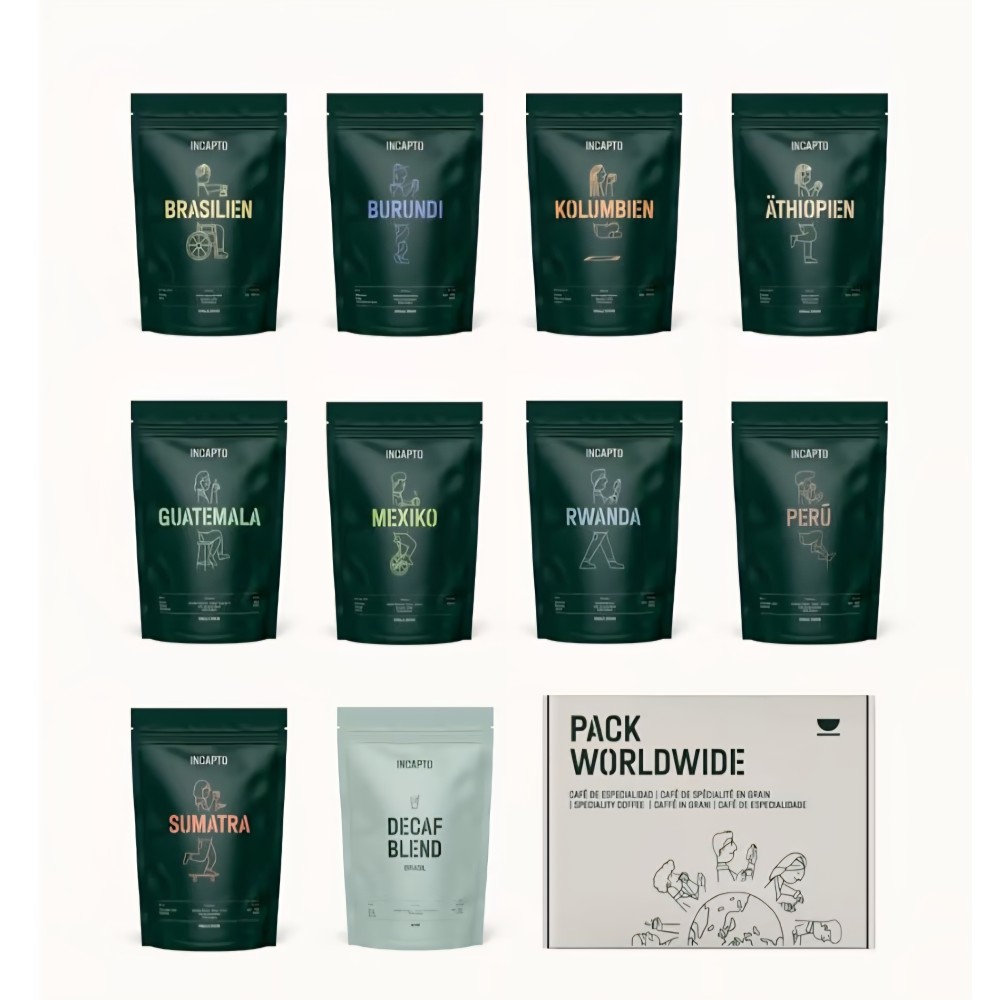 Incapto Worldwide kávébab kóstoló készlet, 10 db 100 g-os eredeti kávé, 100% Arabica, különleges kávé, ideális ajándék