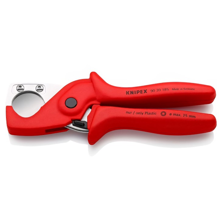 Professzionális cső- és tömlővágó, Knipex 90 20 185, 185 mm, műanyag és csövek precíz vágása, megerősített fogantyúk, eredeti német gyártmány