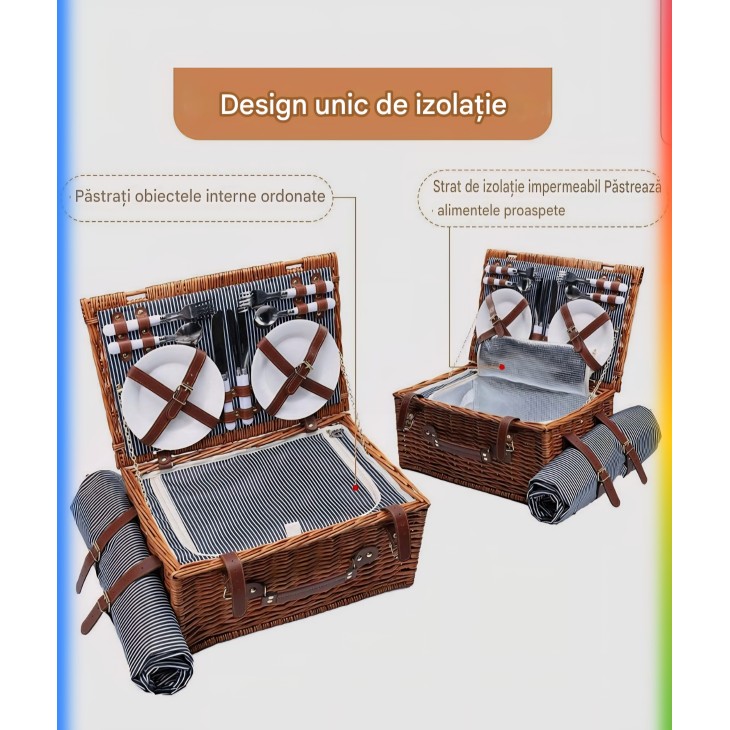 Kézzel készített fonott piknikkosár, Willow Weave GC-03, 4 személyes, szigetelt rekesszel, vízálló takaróval, evőeszközkészlettel, elegáns barna dizájn, ideális kempingezéshez és zöld fűre, kék-fehér