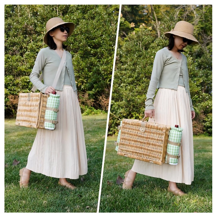 Kézzel készített fonott piknikkosár, Willow Weave GC-01, 4 személyes, szigetelt rekesszel, vállpánttal és vízálló takaróval, kempingezéshez, parkba, természetjáráshoz