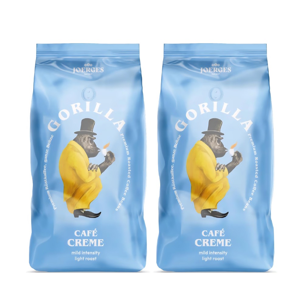 Joerges Gorilla Café Cream kávébabok, 2 x 1 kg, finom krém, kiegyensúlyozott íz, ideális eszpresszóhoz és hosszú kávéhoz
