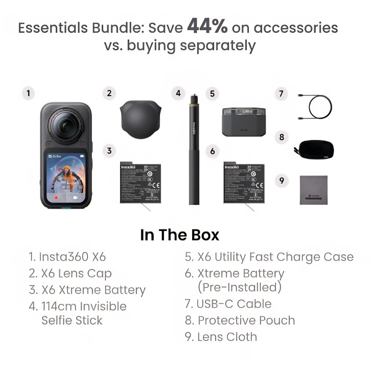 Insta360 X6 Essentials csomag 360°-os videokamera, 8K, 1/1.1"-es érzékelők, cserélhető objektívek, AI Triple Chip, akár 140 perces akkumulátor-üzemidő, 7-8 napos szállítás