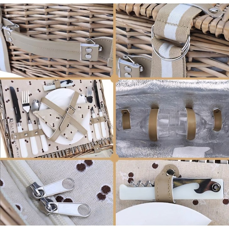 Prémium minőségű fonott piknikkosár 2 fő részére, Willow Weave CF-022, nagy hőszigetelt táska, vízálló takaró, ideális kültéri tevékenységekhez