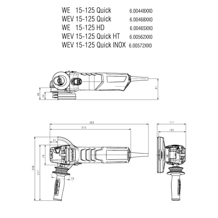 1550W-os Metabo WEV 15-125 Quick sarokcsiszoló 600468000, változtatható sebesség, gyors tárcsacsere, Marathon motor, 4 m kábel