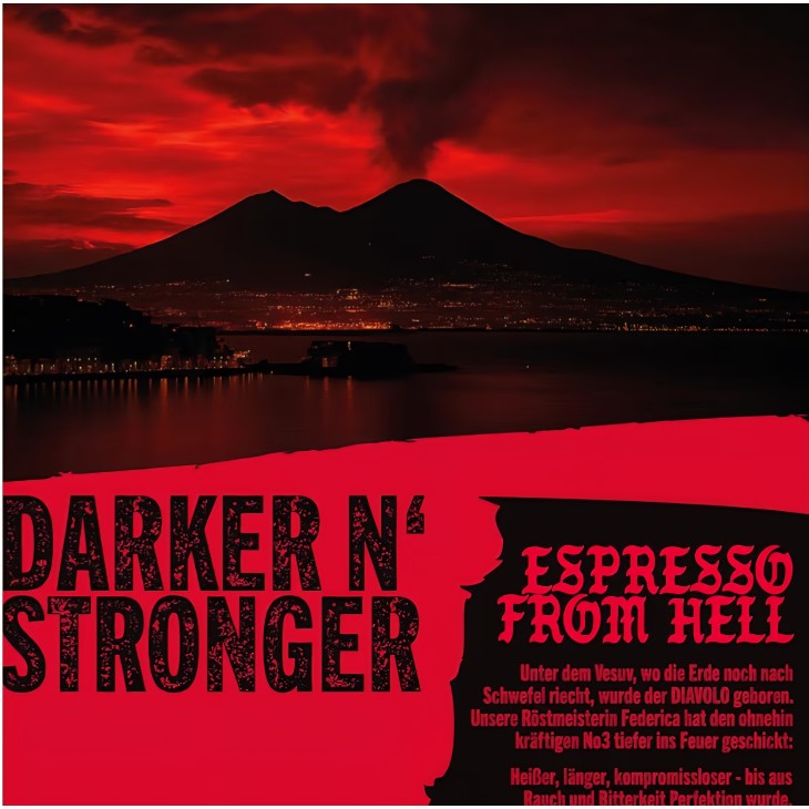 DEAD OR ALIVE Diavolo kávébabok 1 kg, Extra Sötét Espresso, 100% Robusta, rendkívül erős, alacsony savtartalmú, stabil crema, Napoli pörkölésű