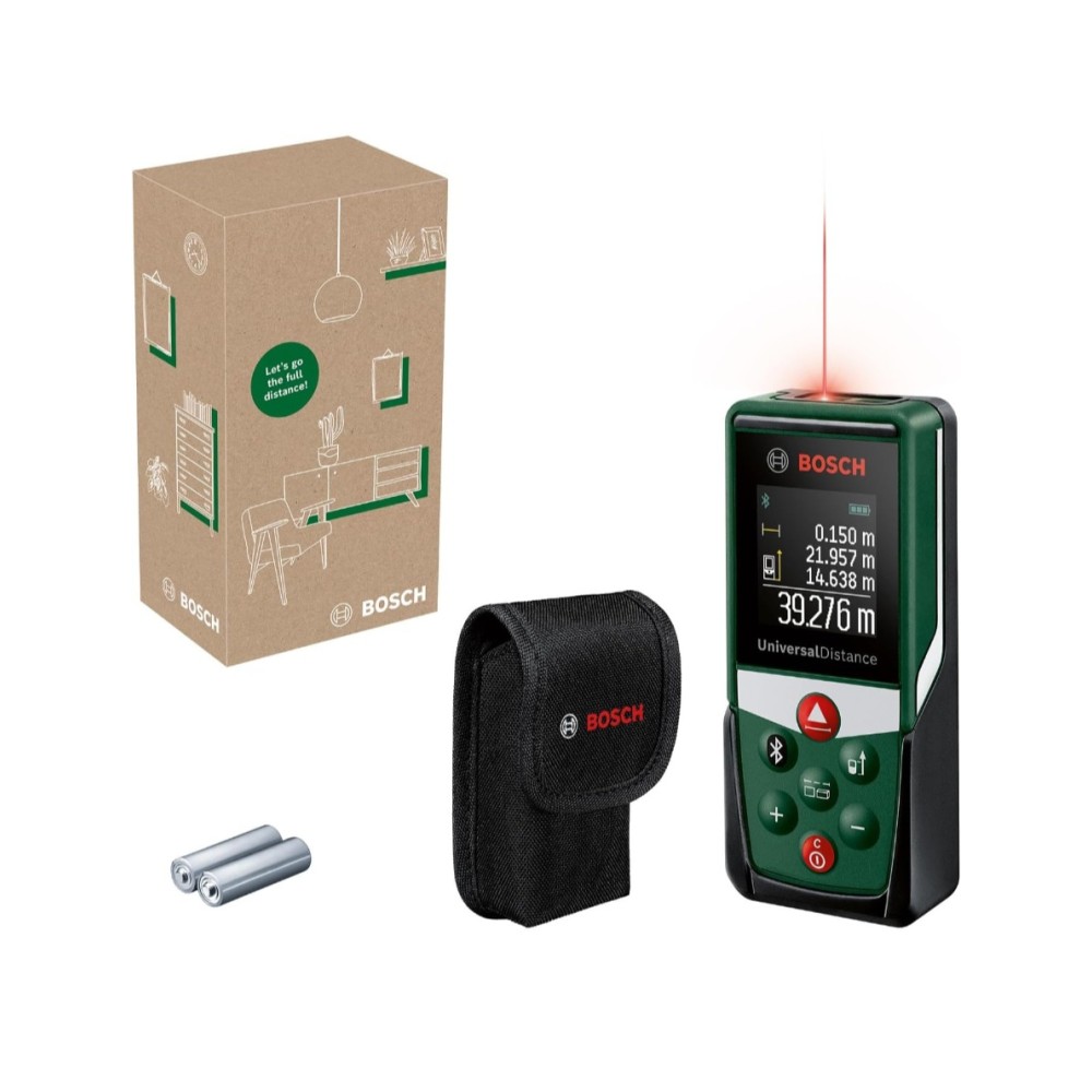 Lézeres távolságmérő, Bosch UniversalDistance 40C, 40 méteres hossz, Bluetooth, távolságok, területek, térfogatok mérése