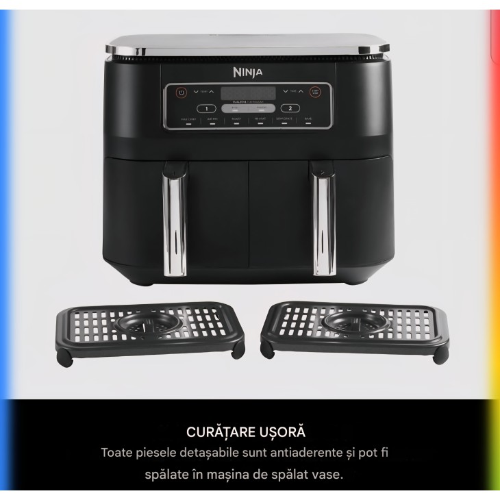 Ninja AF300EU kétzónás forrólevegős fritőz, 2470 W, 7,6 literes űrtartalom, 2 független rekesz, 6 főzési funkció, akár 65%-os energiamegtakarítás, fekete/szürke, szállítási idő 7-8 nap