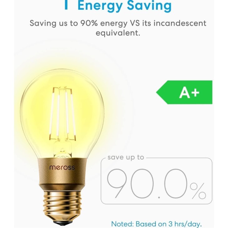 2 db-os okos LED izzó készlet, Meross Smart Edison E27, vintage, Apple HomeKit, Alexa, Google Home és SmartThings segítségével vezérelhető, fényerő-szabályozható, A fogyasztási osztály