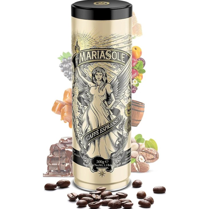 Mariasole Caffè Espresso kávébab 500 g, prémium fémdoboz, hagyományos fatüzelésű pörkölés Szicíliában, automata eszpresszógépekhez és portafilterekhez