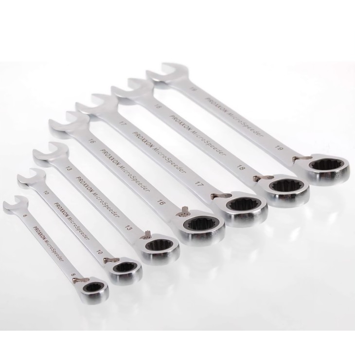 Proxxon 23124 MicroSpeeder 7 részes racsnis villáskulcs készlet, 8–19 mm, 72 fogú mechanizmus, 15°-os szög, irányváltó kar, fémdoboz