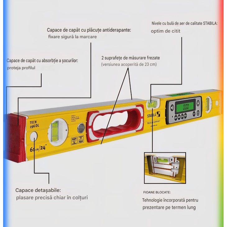 STABILA TECH 196 DL 81 cm-es digitális vízmérték, IP67 víz- és porállóság, 2 digitális kijelző, °/%/mm/m/in/ft mérés, tokban