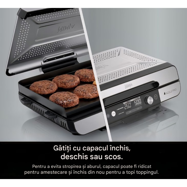 Ninja Sizzle Pro XL GX101EU elektromos grill és plancha, beltéri használatra, felső grilllap és plancha, tapadásmentes kerámia bevonat, levehető fedél, zsírgyűjtő tálca, receptkönyv mellékelve, ezüst/fekete, szállítási idő 7-8 nap