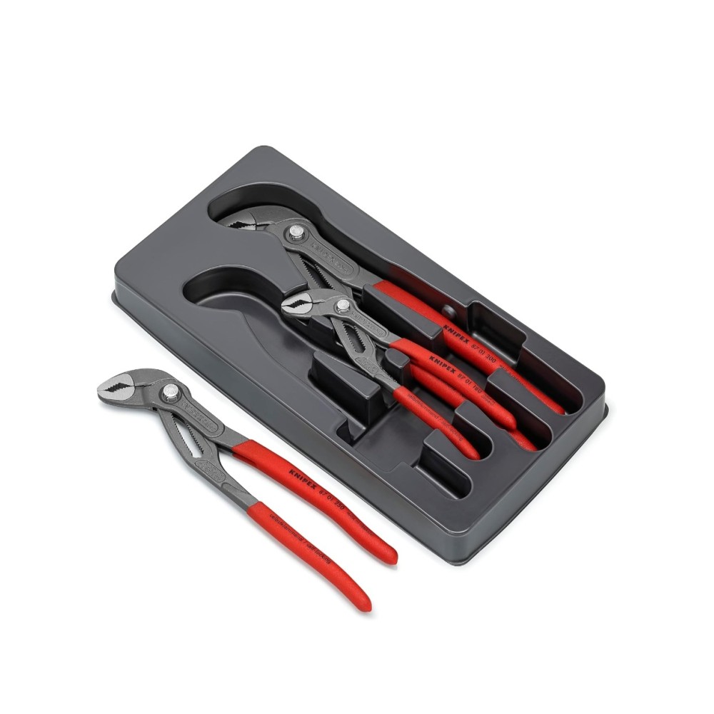 3 darabos professzionális vízpumpafogó készlet, Knipex Cobra-Paket 00 20 09 V02, 150–300 mm, önzáró hatás, gyorsbeállítás gombbal, edzett acél, eredeti Németország