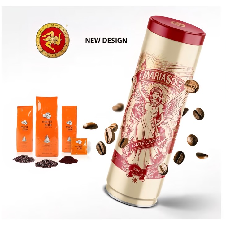 MariaSole Caffè Crema kávébab 500 g, prémium fémdoboz, hagyományos fatüzelésű pörkölés Szicíliában, automata eszpresszógépekhez és portafilterekhez
