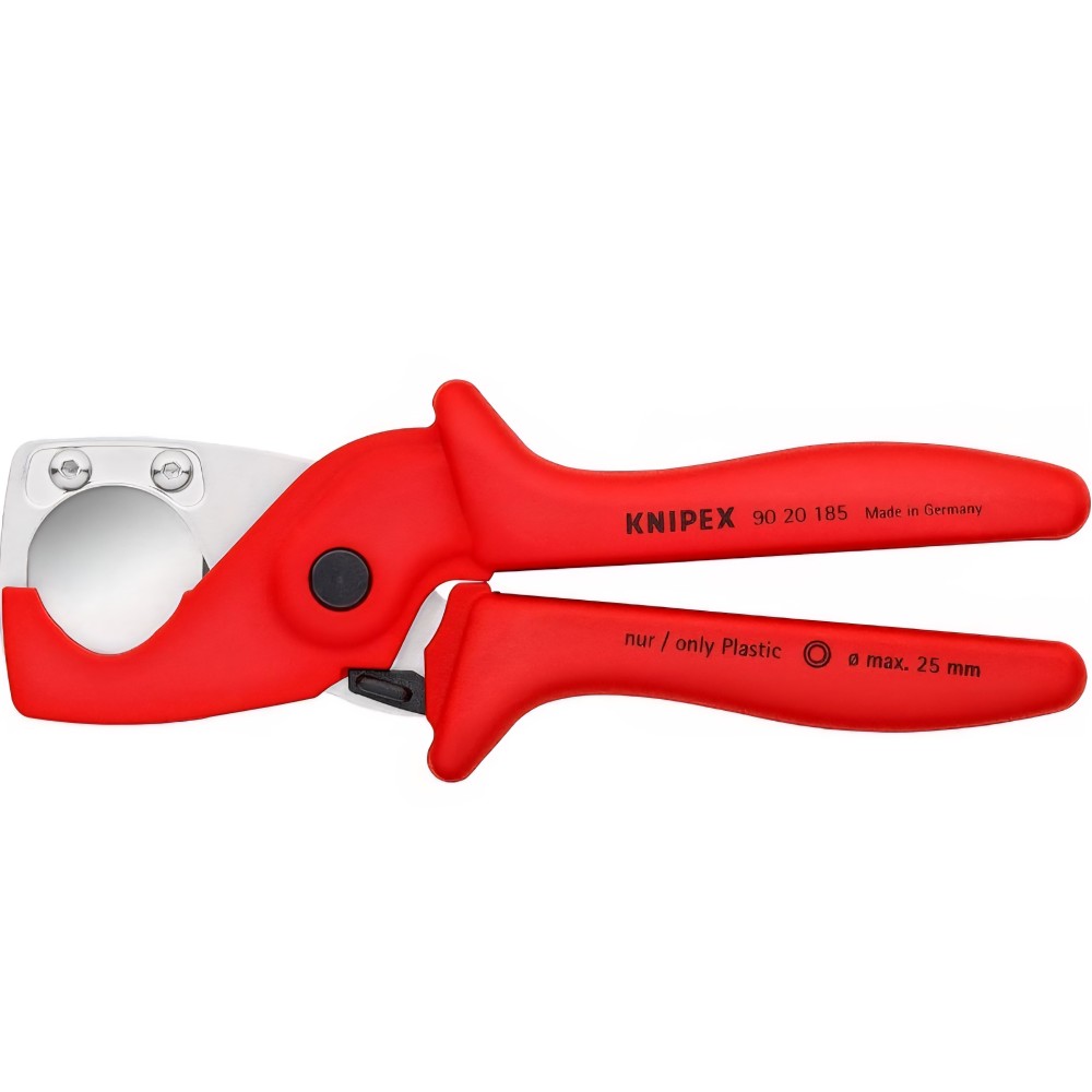 Professzionális cső- és tömlővágó, Knipex 90 20 185, 185 mm, műanyag és csövek precíz vágása, megerősített fogantyúk, eredeti német gyártmány
