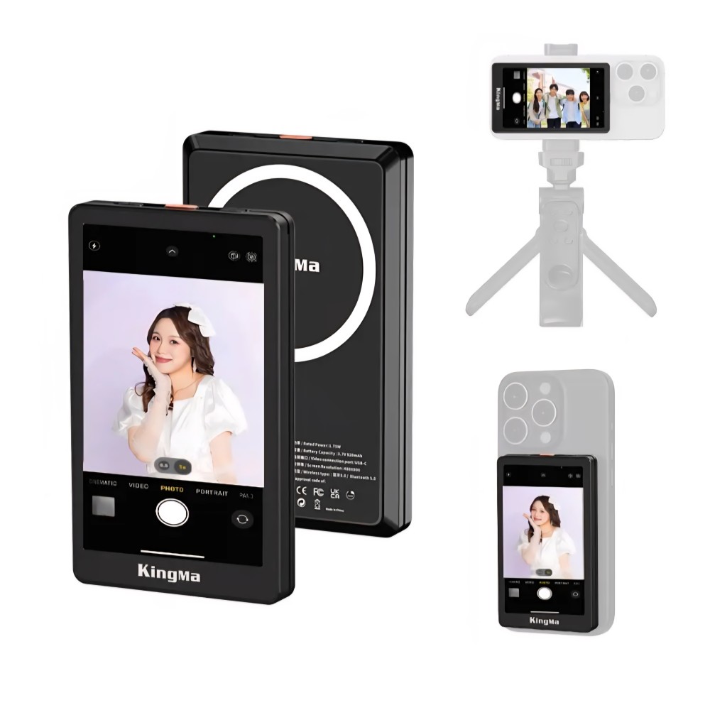 Mágneses monitor, KingMa VL-PH02 MAX, szelfikhez és vlogoláshoz, 3,97"-os képernyő, iPhone, Samsung, Huawei kompatibilis, 4K 30fps felbontás, fekete