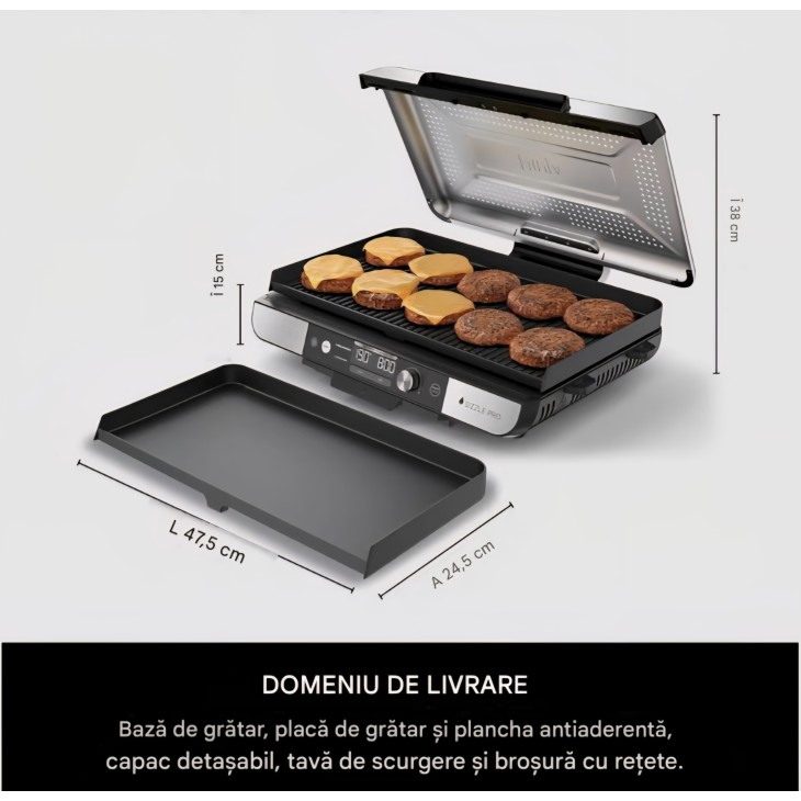 Ninja Sizzle Pro XL GX101EU elektromos grill és plancha, beltéri használatra, felső grilllap és plancha, tapadásmentes kerámia bevonat, levehető fedél, zsírgyűjtő tálca, receptkönyv mellékelve, ezüst/fekete, szállítási idő 7-8 nap