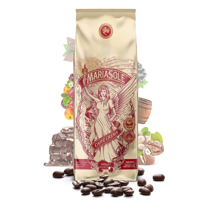 MariaSole Caffè Crema 1 kg-os kávébab, hagyományos fatüzelésű pörkölés Szicíliában, prémium, automata eszpresszógépekhez és portafilterekhez