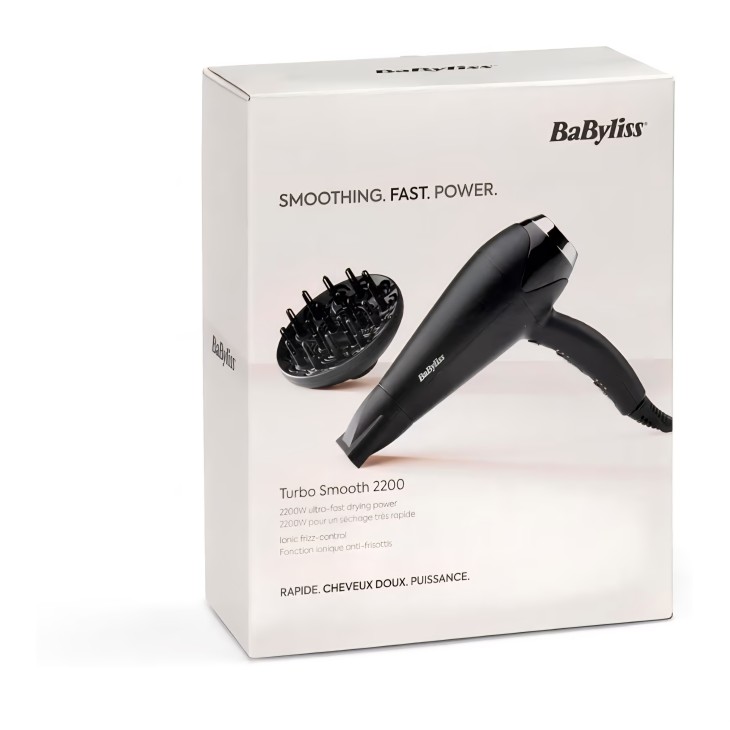 Hajszárító, BaByliss Turbo Smooth D572DE, 2200 W, ionos technológia, 3 hőmérséklet-beállítás, 2 sebességfokozat, nagy diffúzor, fekete